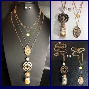 Gold Mermaid Seashell Layered Necklace Beach Wish Bottle AB Rhinestone 3 Pc Set